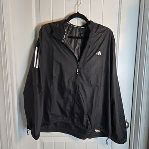 Adidas Own The Run Hooded Jacket Mens Size XL Black Windbreaker 3 Stripe Running